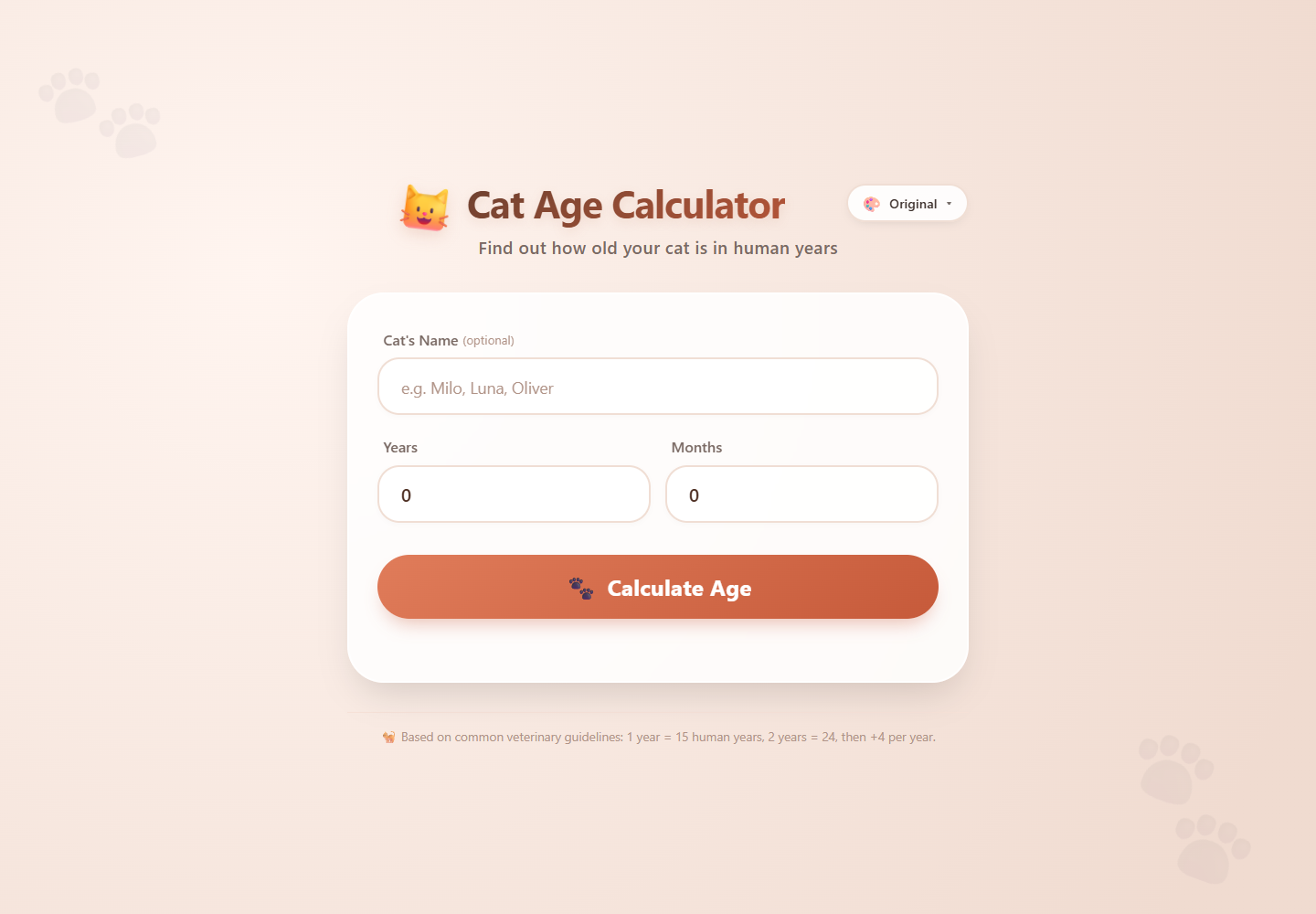 Screenshot of Cat Age Calculator in the browser