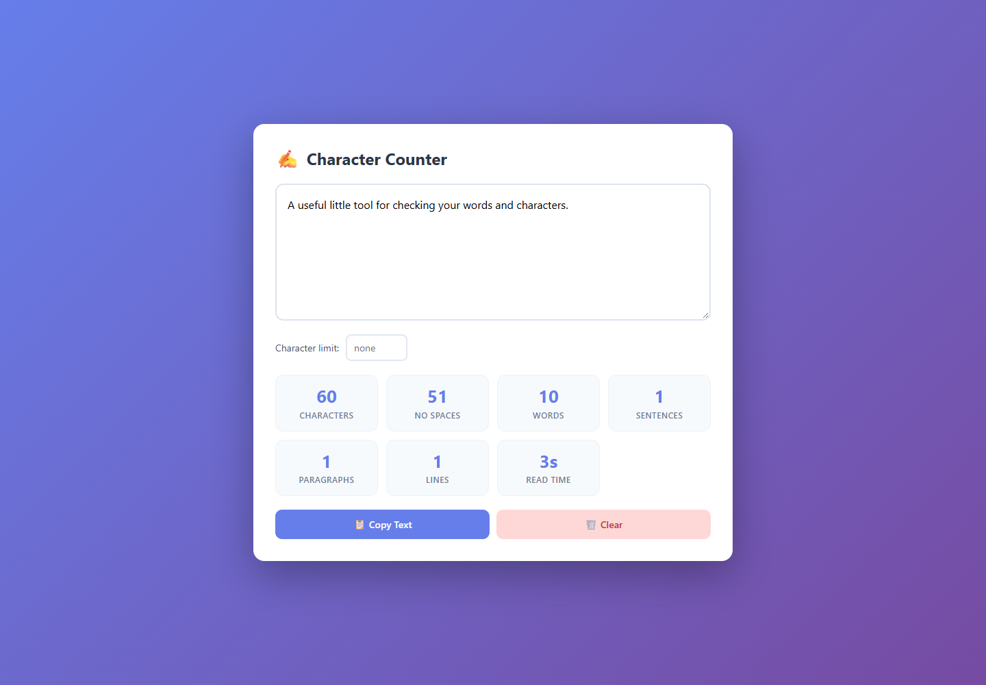 Screenshot of Character Counter in the browser
