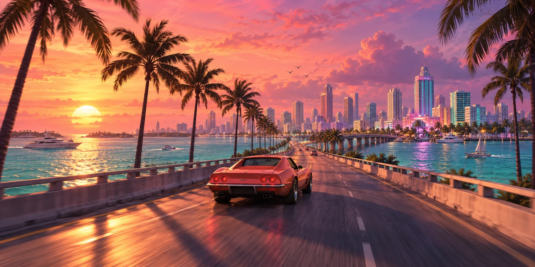 Original fan illustration of a palm-lined coastal road at sunset