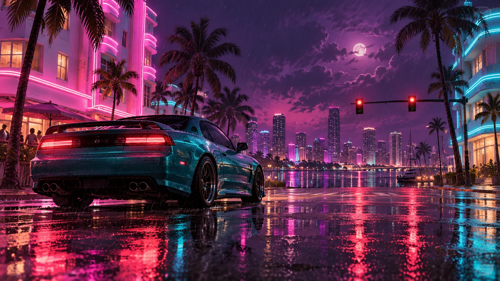 Original fan illustration of a teal coupe on a rainy neon-lit coastal street