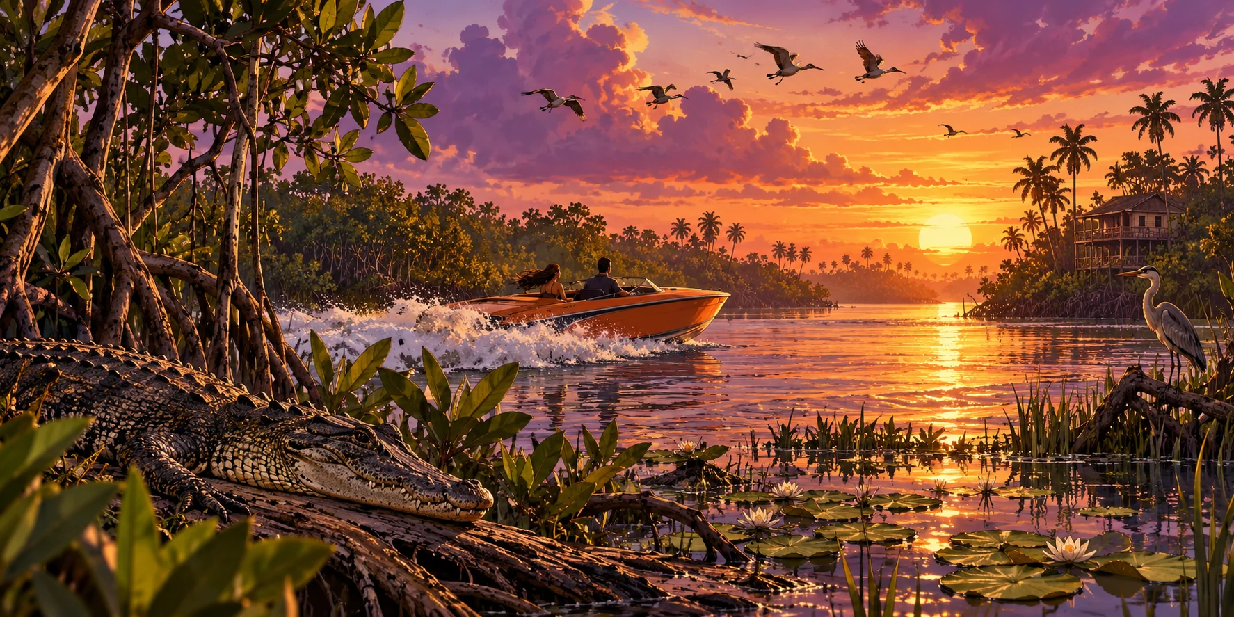 Original fan illustration of a speedboat in sunset wetlands